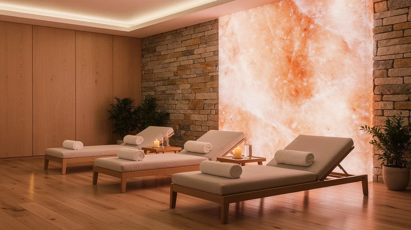 Spa lounge with softly glowing Himalayan salt wall