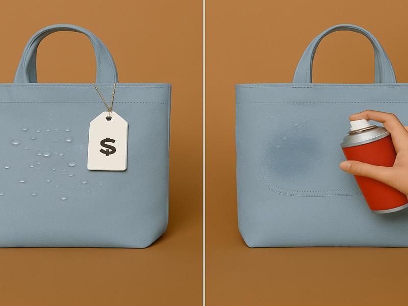 A side-by-side photo showing the difference in cost between buying a waterproof bag and waterproofing a regular bag at home. The left side shows a price tag on a ready-made waterproof bag, while the right side shows a person spraying waterproofing on a canvas bag.