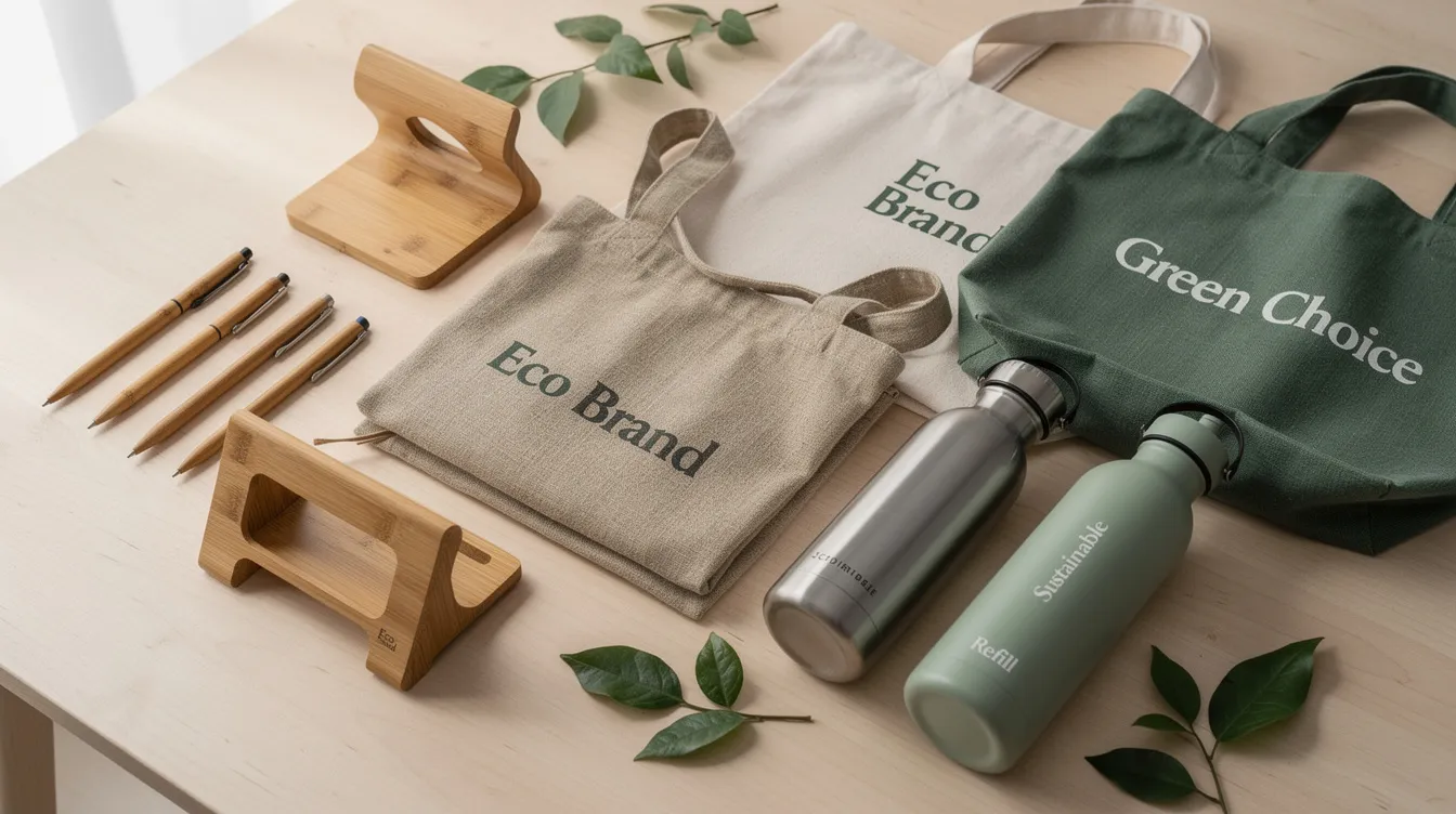 Na drewnianej powierzchni znajdują się ekologiczne produkty promocyjne, w tym przedmioty wykonane z bambusa, torby z materiałów recyklingowych oraz stalowe butelki na wodę. Te przyjazne dla środowiska akcesoria mogą być częścią strategii marketingowej, która zachęca klientów do lojalności wobec marki.