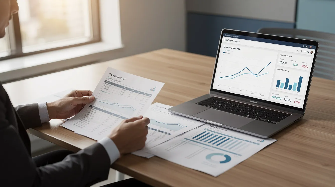 A person is seated at a desk, focused on reviewing financial documents while a laptop displays various data related to home equity loans and interest rates. The scene conveys a sense of diligence in managing personal finances, potentially involving decisions about accessing equity or exploring loan options.