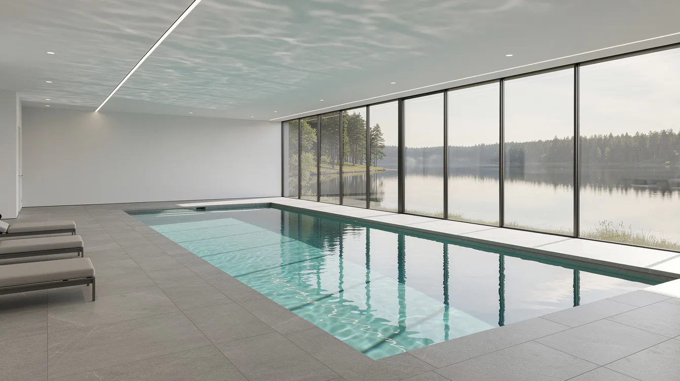The image features a modern indoor swimming pool with floor-to-ceiling windows that provide a stunning view of Lake Ontario. This luxurious amenity is part of the Mirabella condos, allowing residents to enjoy the warmth of summer sunsets while relaxing by the pool waters.