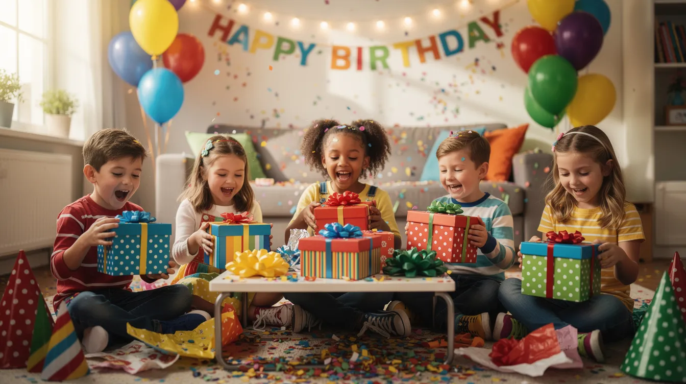 Na obrazku widać radosne dzieci otwierające kolorowe pudełka z prezentami podczas świątecznej celebracji. Atmosfera jest pełna pozytywnych emocji, a wśród podarunków znajdują się zabawki i słodycze, które sprawiają radość najmłodszym.