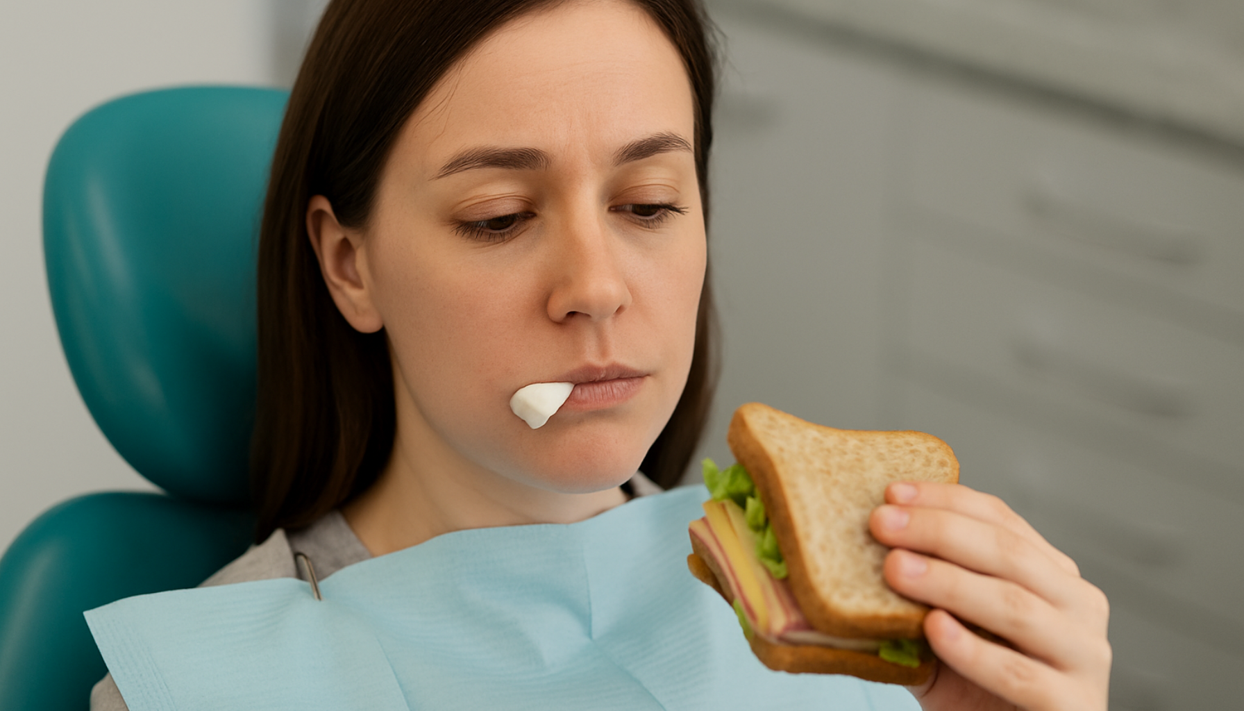 Kvinne med bomull i munnen etter tannlegetime holder en sandwich og ser usikker ut.