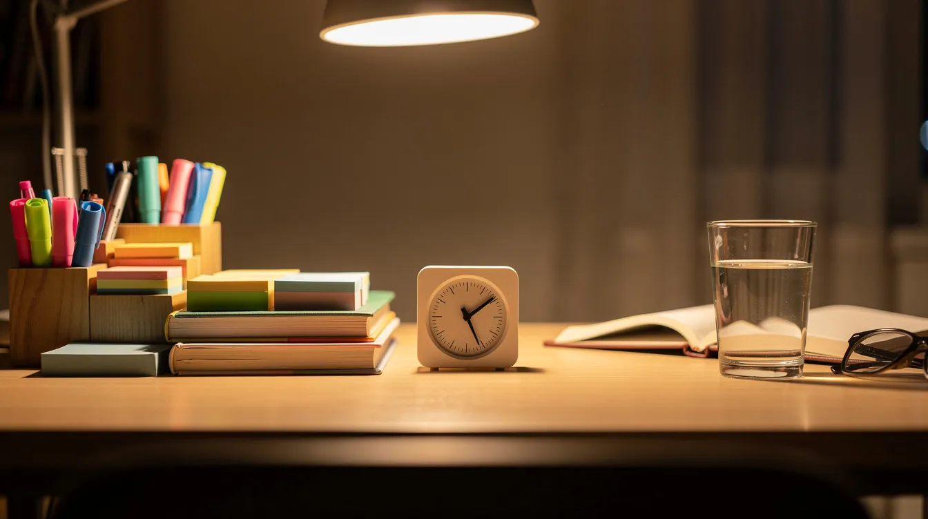 The image features a tidy and inviting study desk illuminated by a warm desk lamp, adorned with a small timer, colorful stationery, and a glass of water, creating an encouraging environment for students to focus on their academic goals and build self-confidence while navigating their unique challenges in school.