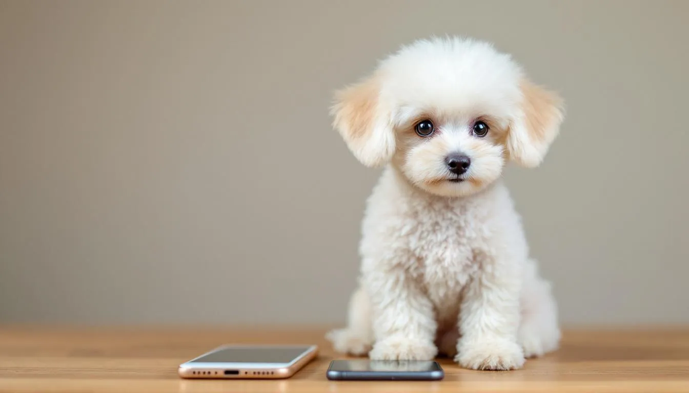 A tiny teacup poodle is sitting next to a coffee cup and a smartphone, showcasing its small stature in comparison to these everyday objects. The adorable dog, with its playful demeanor, highlights the charm of teacup poodles as affectionate companions.