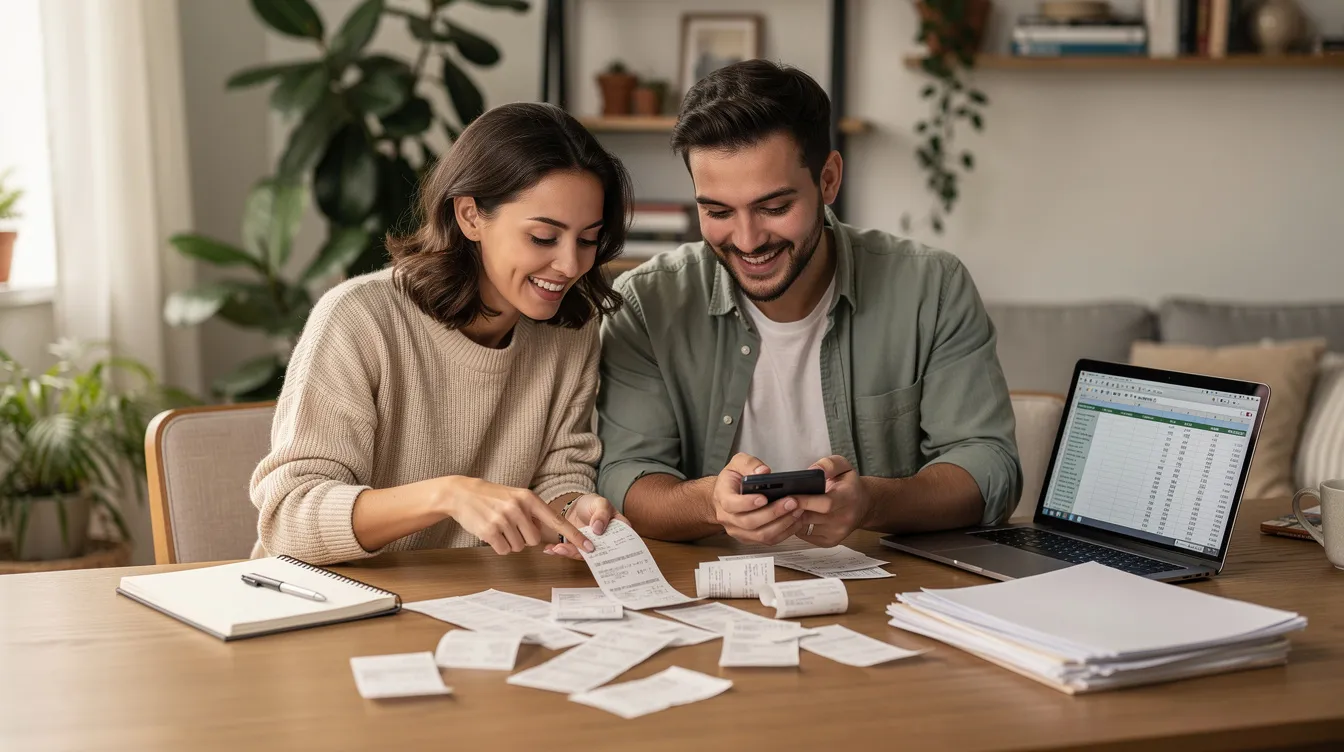 A young couple sits together at home, smiling as they organize receipts and use a calculator, reflecting their efforts to manage their financial situation. The scene captures a moment of teamwork and clarity in handling their personal finances, possibly discussing their 清 數 and planning their 還款 計劃.