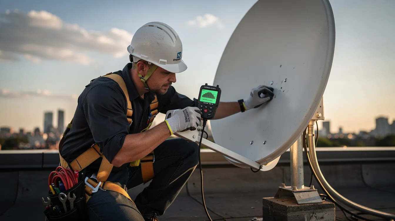 A technician is carefully adjusting the alignment of a satellite dish using a signal meter to ensure optimal signal reception for a DSTV installation. The process involves checking the signal strength while connecting cables and making necessary adjustments to achieve the best signal quality.
