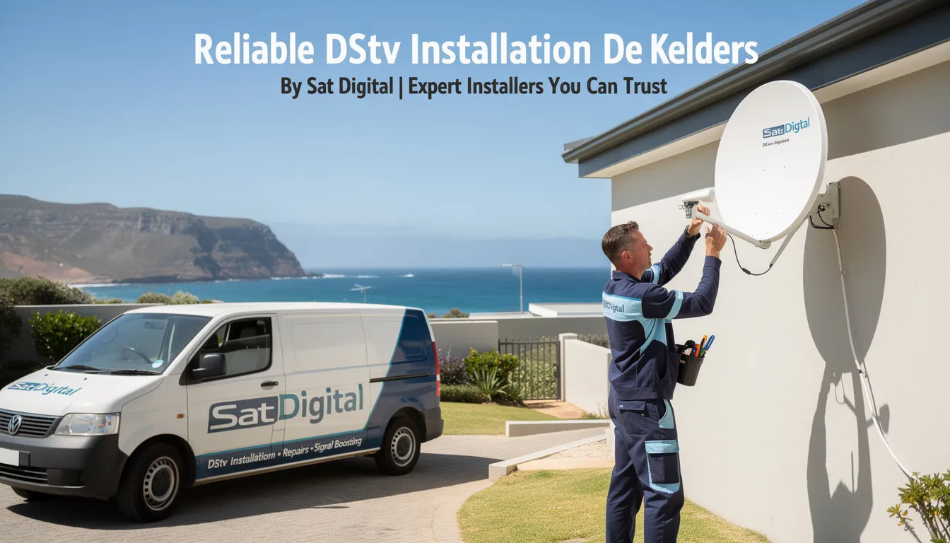 The image showcases a professional DStv installation service in De Kelders, featuring expert technicians setting up a satellite dish and decoder for optimal signal reception. The scene highlights the seamless installation process, ensuring a reliable entertainment experience for customers in the Western Cape.