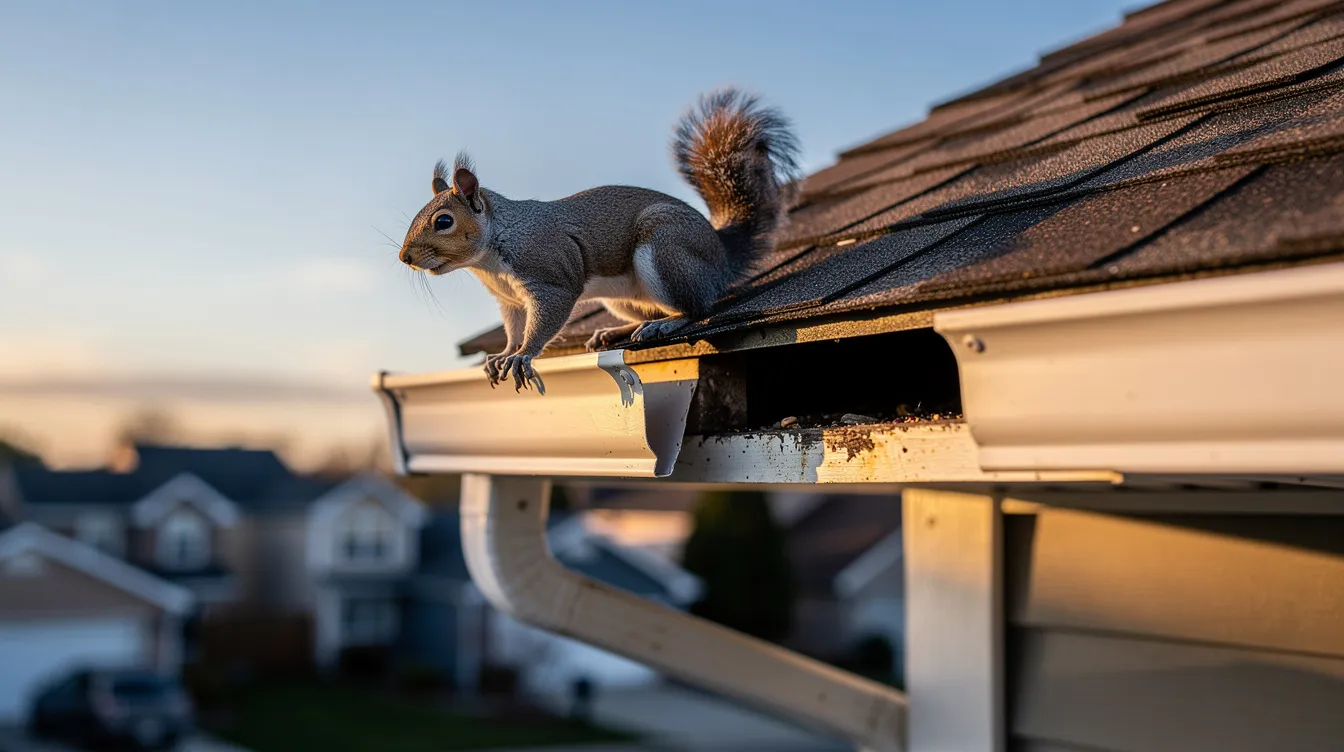 A grey squirrel is perched on the edge of a suburban roofline near a soffit opening, illuminated by the soft light of early morning. This scene highlights the potential for wildlife issues, such as squirrel entry points that could lead to property damage if not addressed through effective squirrel removal services.