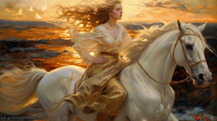 Goddess Rhiannon riding on a white horse next to the sea while the sun is setting.