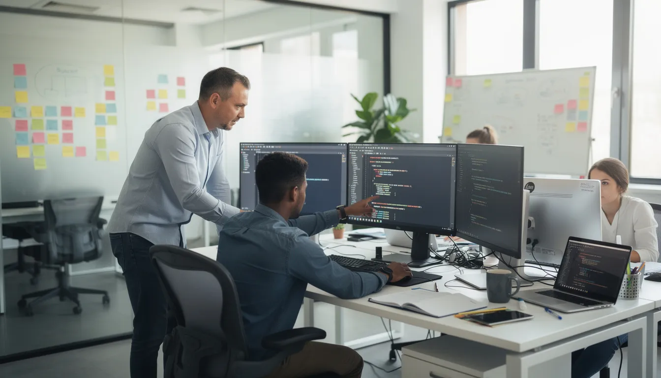 The image depicts a group of engineers collaborating around computer screens in a modern office environment, discussing and evaluating large language model outputs and their performance metrics. They appear engaged in a productive conversation, likely focused on evaluating llm evaluation metrics and optimizing their ai models for various tasks.