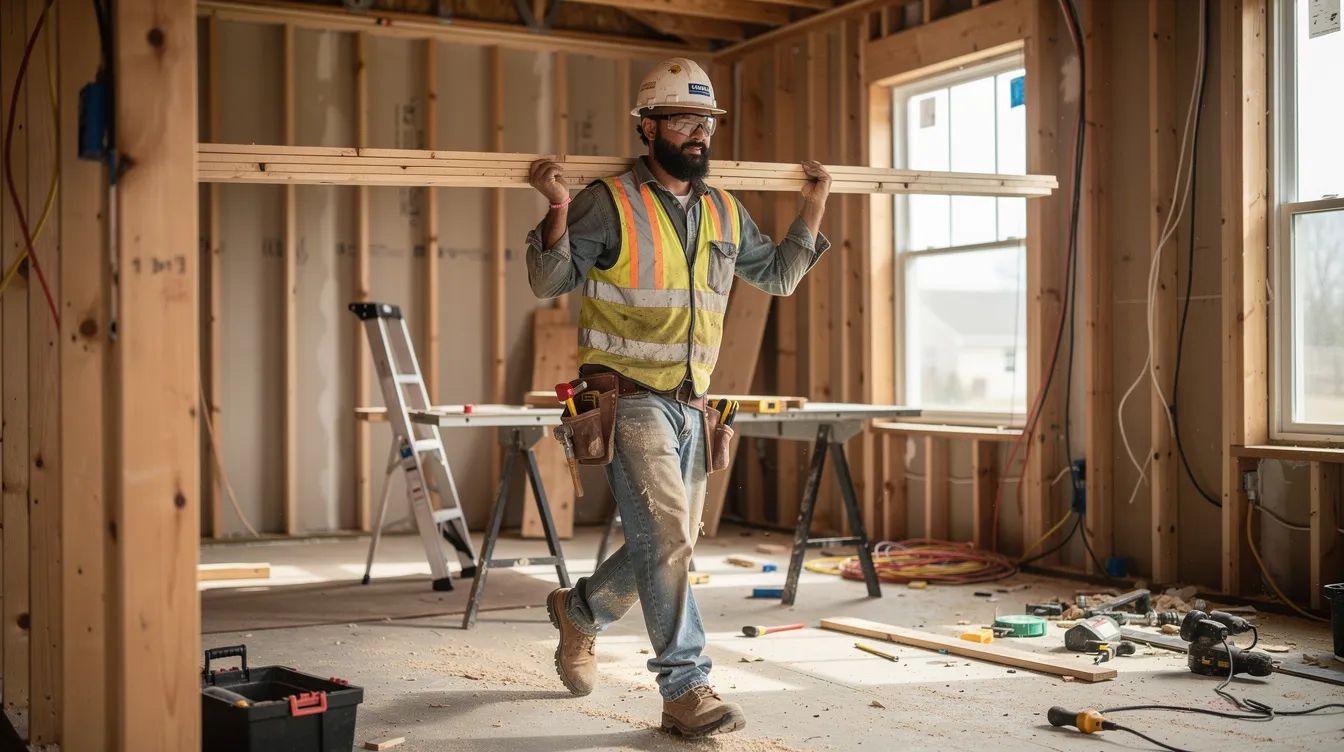 A construction worker is seen on a residential renovation site, carrying a stack of lumber as part of the ongoing project. This image highlights the physical labor involved in home renovations, which can be supported by business financing options for small businesses in the construction industry.