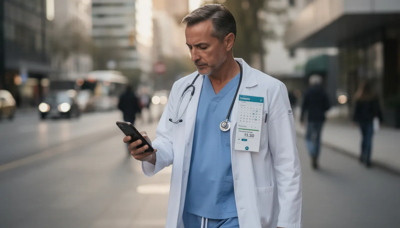 Un profesional de salud revisa la agenda en su smartphone mientras camina, asegurándose de tener acceso a la información de sus pacientes en tiempo real y optimizando la calidad de la atención en su clínica electrónica.