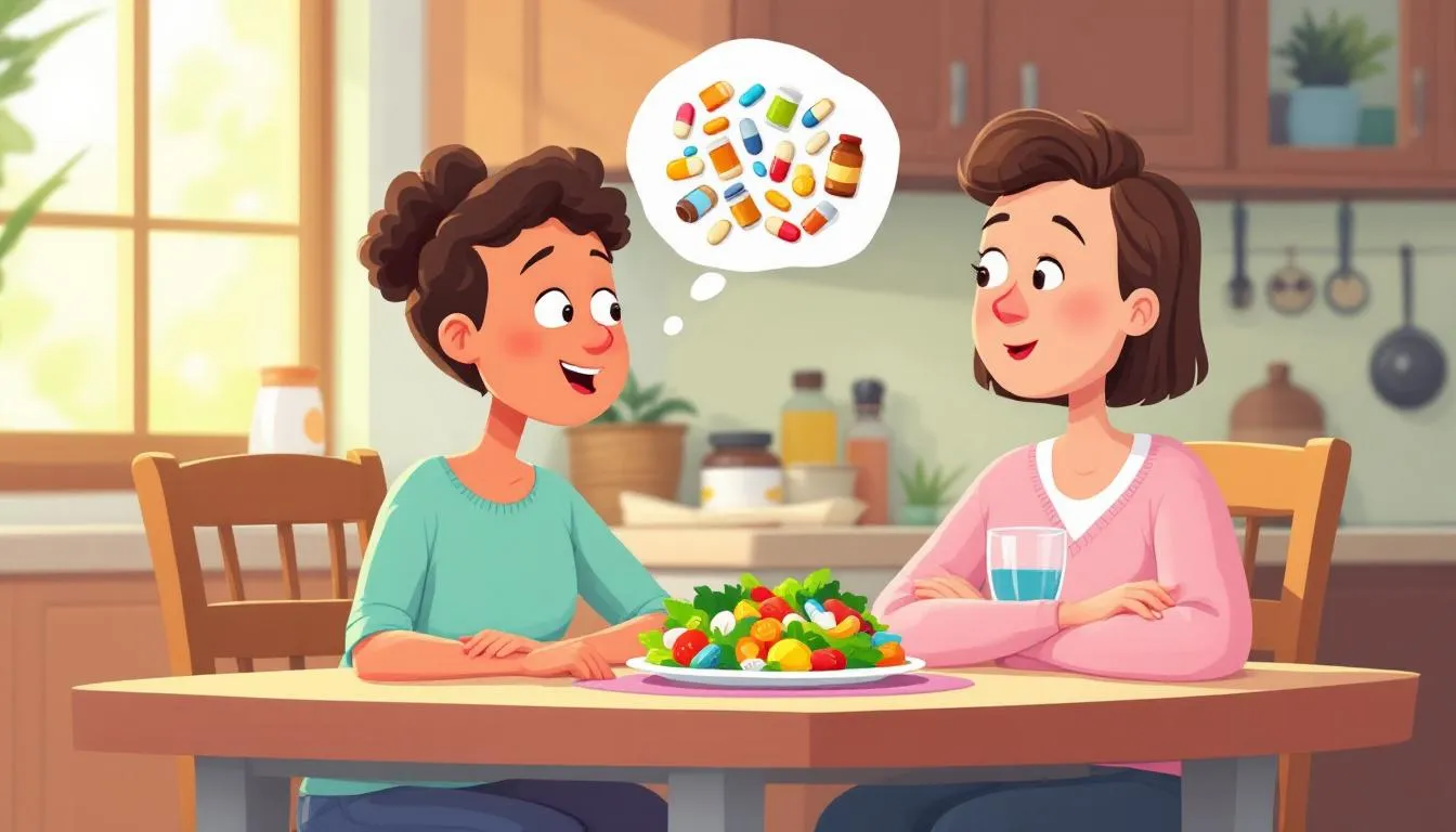 A person enjoying a healthy meal while considering dietary supplements, representing a healthy lifestyle.