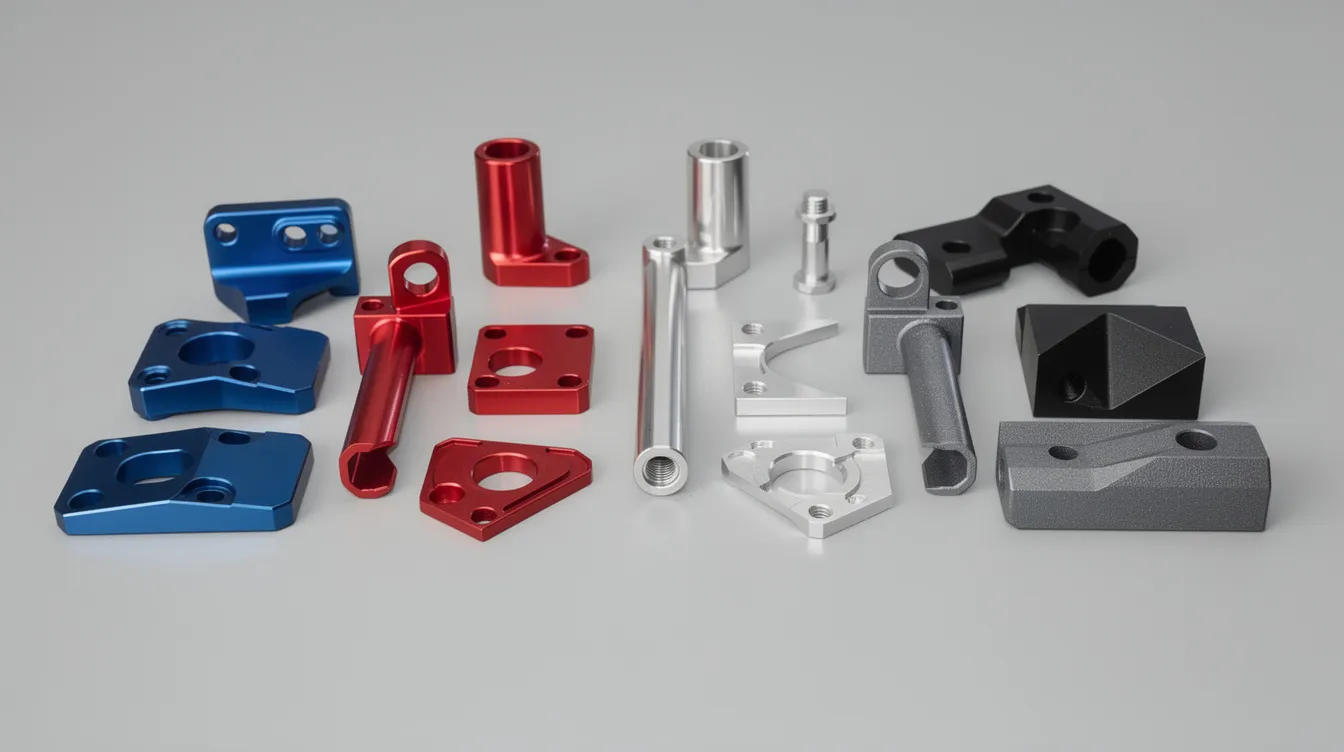 The image showcases a collection of CNC machined metal parts, each exhibiting distinct surface finishes such as anodized, polished, and bead blasted. These precision machined components highlight the versatility of CNC machining in producing high-quality custom parts for various industries.