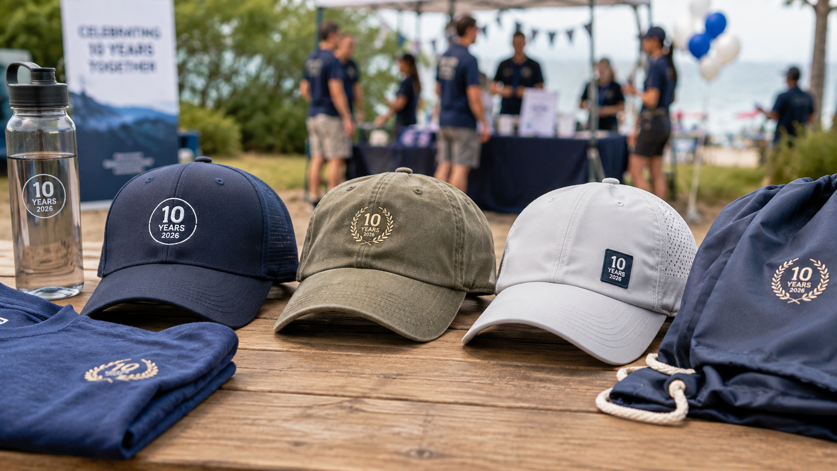 Embroidered caps displayed with coordinated shirts and drinkware at an outdoor brand event