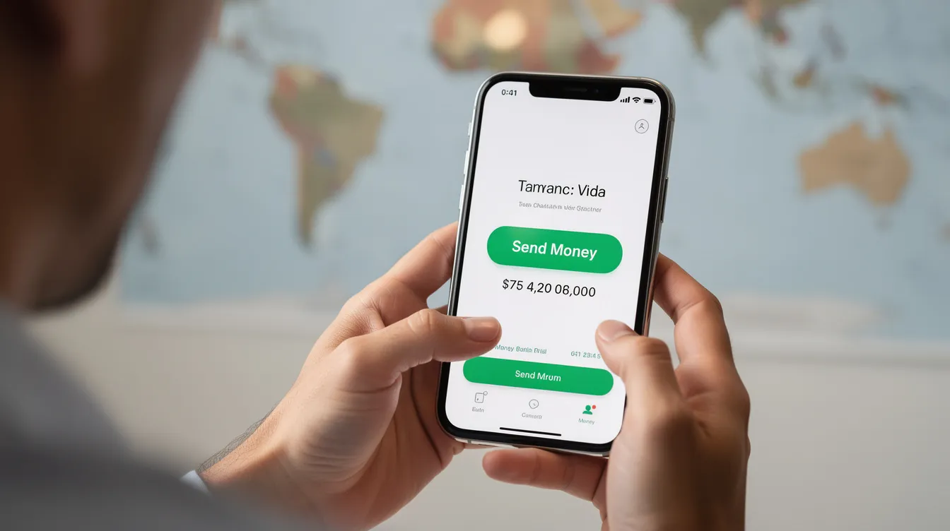 A person is using a smartphone to send money, with a subtle world map in the background, illustrating the global banking landscape and the importance of financial services in today's interconnected world. This scene reflects the modern use of technology in the banking industry, highlighting the convenience of transferring funds across borders.