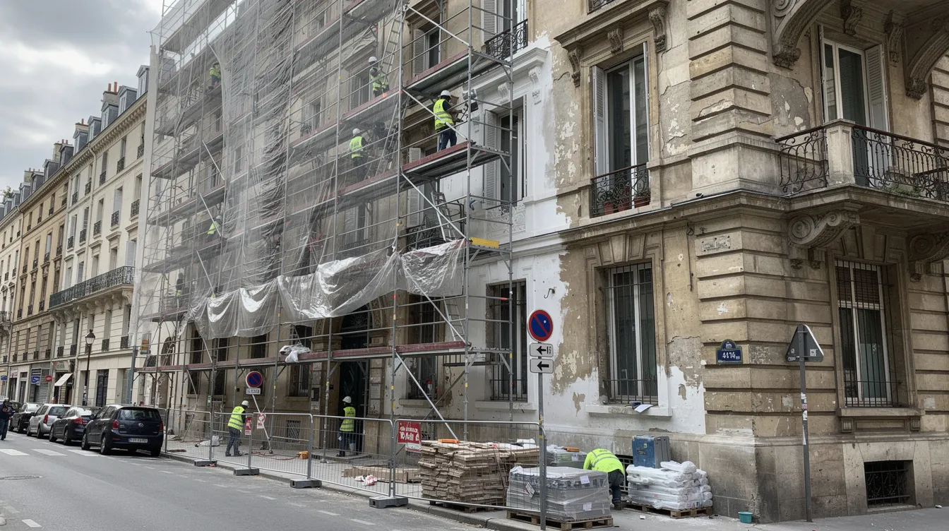 L'image montre un chantier de rénovation d'un immeuble ancien, avec des échafaudages entourant le bâtiment et des protections au sol. Ce type de travaux nécessite souvent de réaliser un diagnostic amiante pour s'assurer de l'absence de matériaux contenant de l'amiante, garantissant ainsi la sécurité des ouvriers et des occupants.
