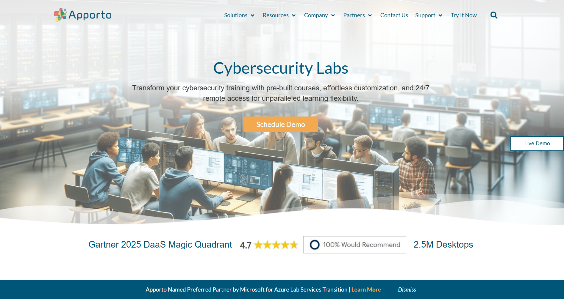Apporto cybersecurity labs platform showcasing students training in a virtual lab environment with cloud-based cybersecurity tools and real-time simulations.