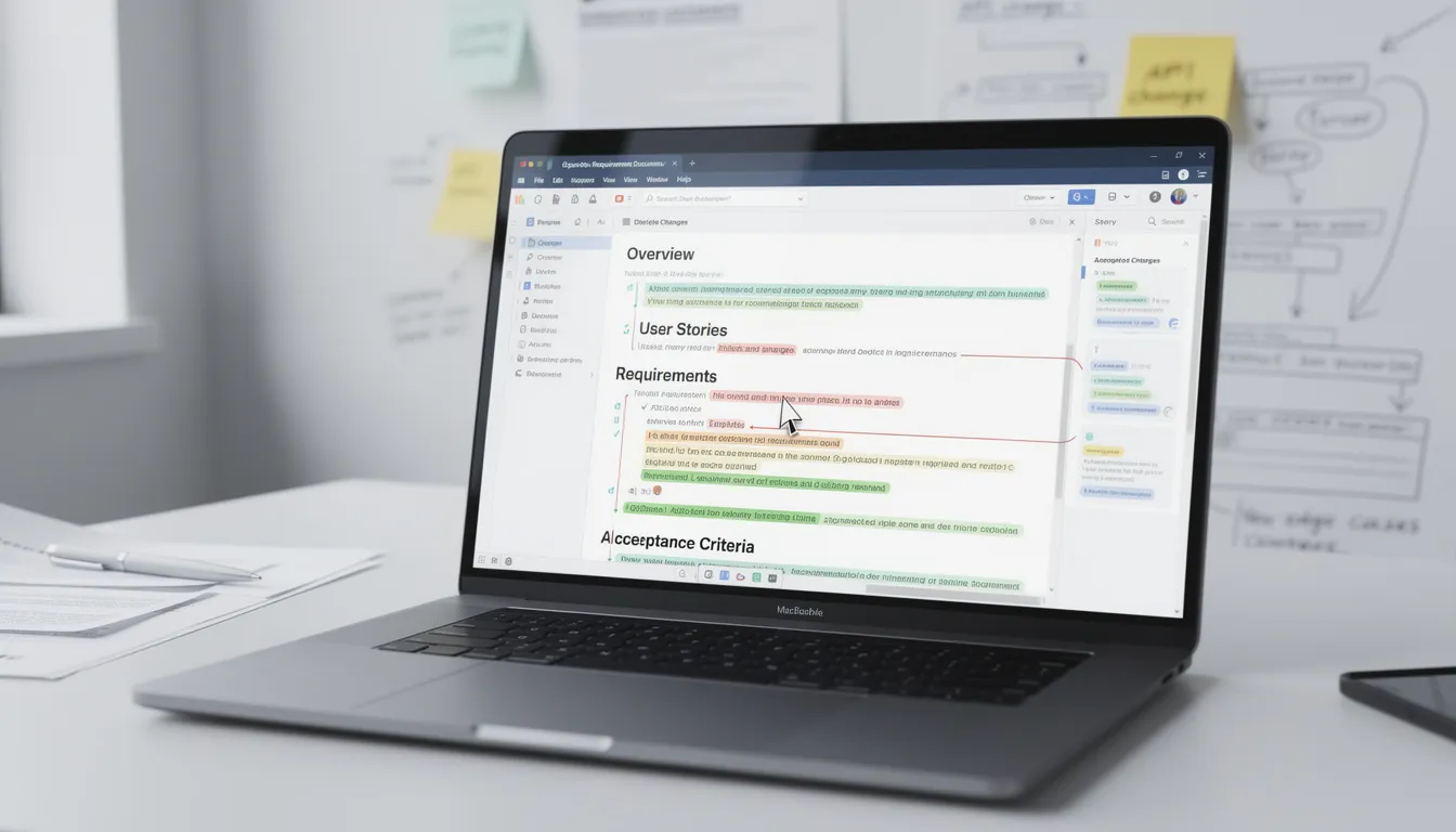 The image depicts a collaborative software development environment where a diverse development team is reviewing a product requirements document (PRD). They are discussing user stories, functional requirements, and technical specifications to ensure a shared understanding of the project’s objectives and success metrics.