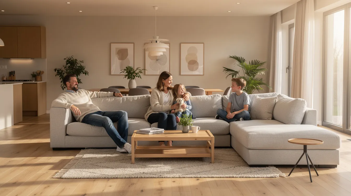 En stor U-formad hörnbäddsoffa i ett rymligt vardagsrum med öppen planlösning, där en familj sitter bekvämt och umgås. Soffan erbjuder både plats för avkoppling och en praktisk sovplats för gäster, vilket gör den till en perfekt möbel för hemmet.