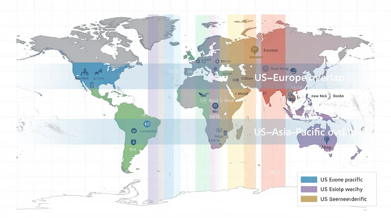The image depicts a world map illustrating various time zones, with specific areas highlighted to show overlapping business hours between the United States and international locations. This visual representation is essential for virtual assistants and executive assistants to effectively manage scheduling appointments and administrative tasks across different regions.