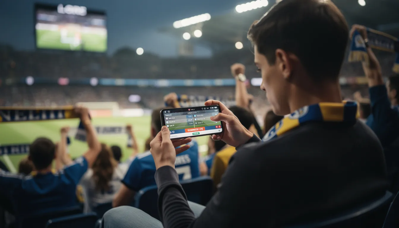 Un uomo seduto su un divano sta utilizzando il suo smartphone per scommettere live su una partita di esports, mentre sullo schermo si possono notare aggiornamenti in tempo reale dei risultati. L'immagine rappresenta l'interesse crescente per le scommesse sugli esports, come Dota 2 e League of Legends, attraverso i migliori siti scommesse.