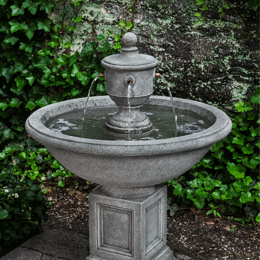 Image of the luxurious and eye-catching design of the Campania International Rochefort Fountain, a stunning garden feature sure to make a statement, will add a touch of grandeur and relaxation to your outdoor space.