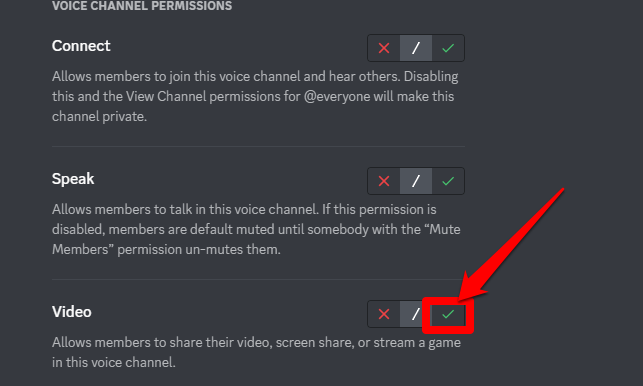 Screenshot showing the enable video button on Discord