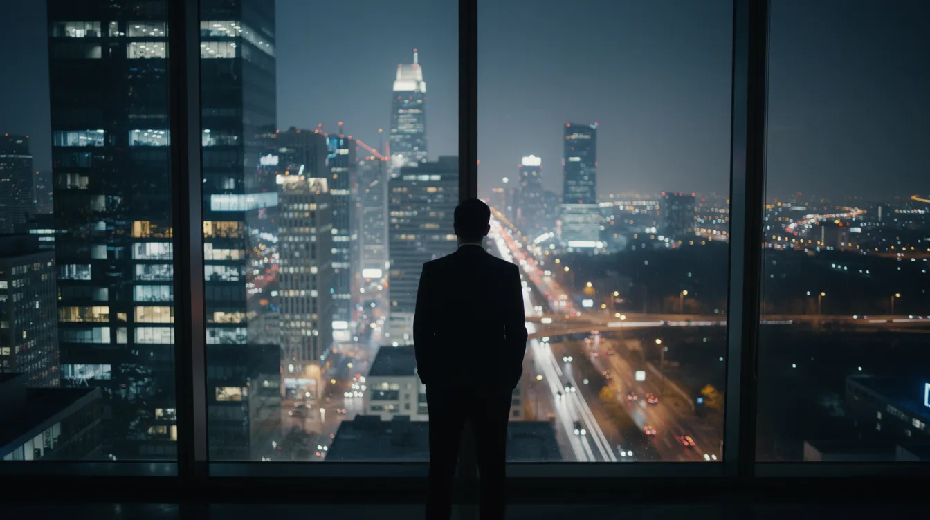 A silhouette of a person stands at a window, gazing out over a city illuminated by night lights, symbolizing the reflection and strategic thinking often essential in executive coaching and leadership development. This serene scene highlights the importance of personal and organizational growth in the journey of business leaders.