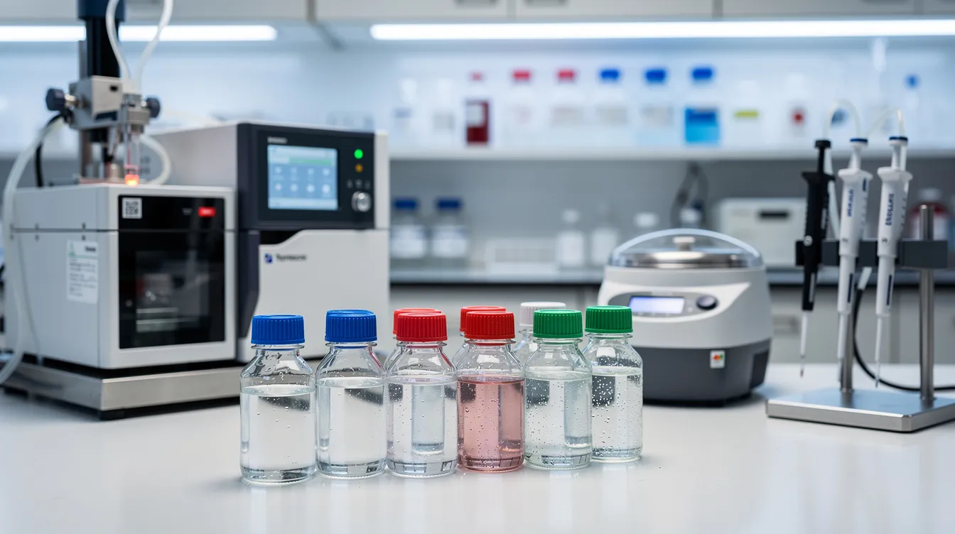 The image depicts analytical laboratory equipment positioned next to sealed sample vials, highlighting a setting focused on laboratory research and analysis. This environment suggests activities such as performing security verification and purity testing of research peptides, including retatrutide, aimed at ensuring scientific integrity and compliance with research protocols.