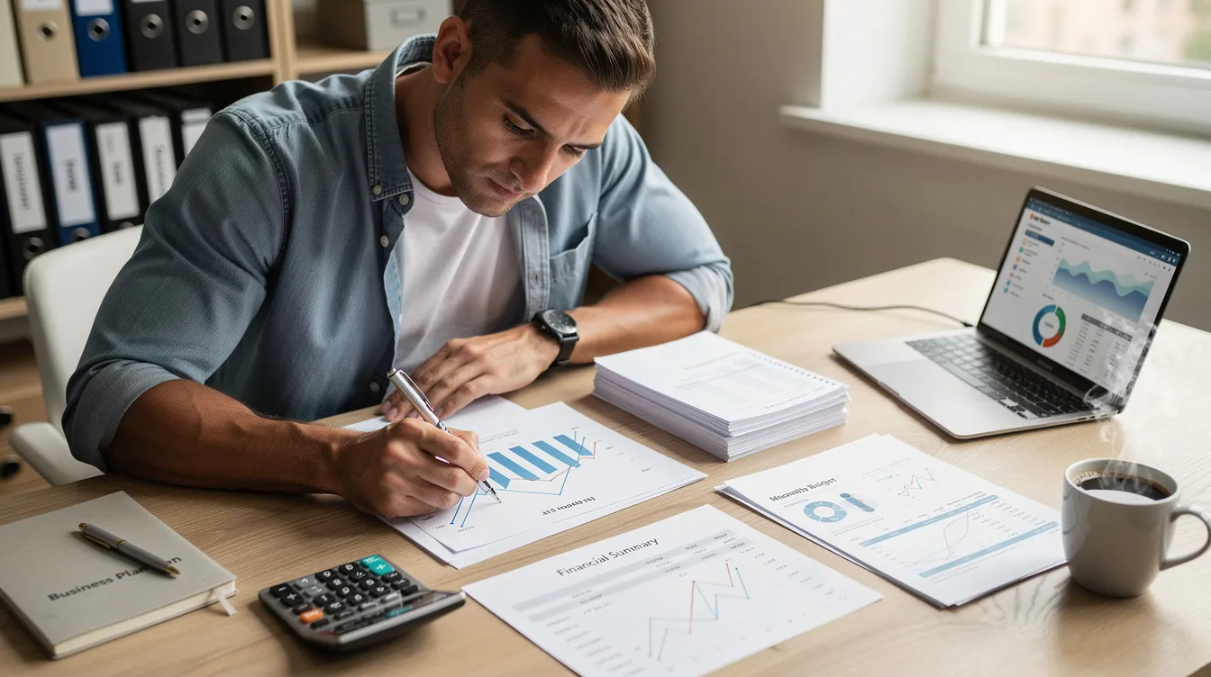 A small business owner is seated at a desk, intently reviewing financial charts and documents, with a calculator nearby. This scene captures the essence of managing a 中小 企, highlighting the importance of understanding financial details such as 實際 年 利率 and monthly repayment amounts.