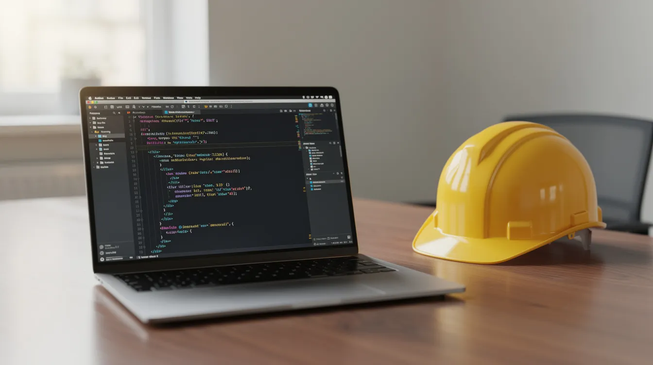 The image features a laptop displaying website code on a desk, accompanied by a construction hard hat, symbolizing the intersection of technology and the construction industry. This setup highlights how construction companies can leverage AI tools and strategies to enhance their online visibility and improve search rankings in a competitive market.