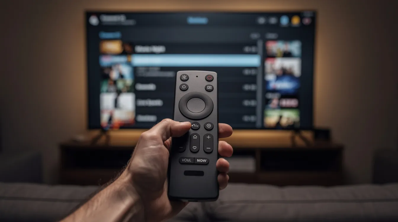 A close-up image shows a person holding a streaming remote control aimed at a television screen displaying an electronic program guide with various live TV channels. This scene highlights the convenience of IPTV services, offering instant access to premium channels and on-demand content for unlimited entertainment.