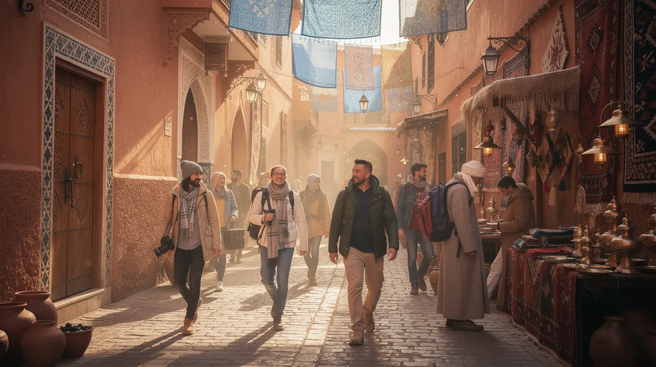 Travelers stroll through a sunny Moroccan medina during the winter months, enjoying the pleasantly mild weather typical of Morocco in February. The scene captures the vibrant atmosphere of exploring ancient cities, with warm clothing suitable for the cooler evenings and occasional rain.