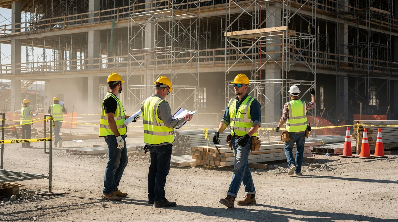 The image depicts construction workers in hard hats and safety vests actively working on a job site, surrounded by scaffolding. This scene highlights the importance of workplace safety, which is a key concern for personal injury lawyers representing injured individuals in cases related to workplace injuries and accidents.