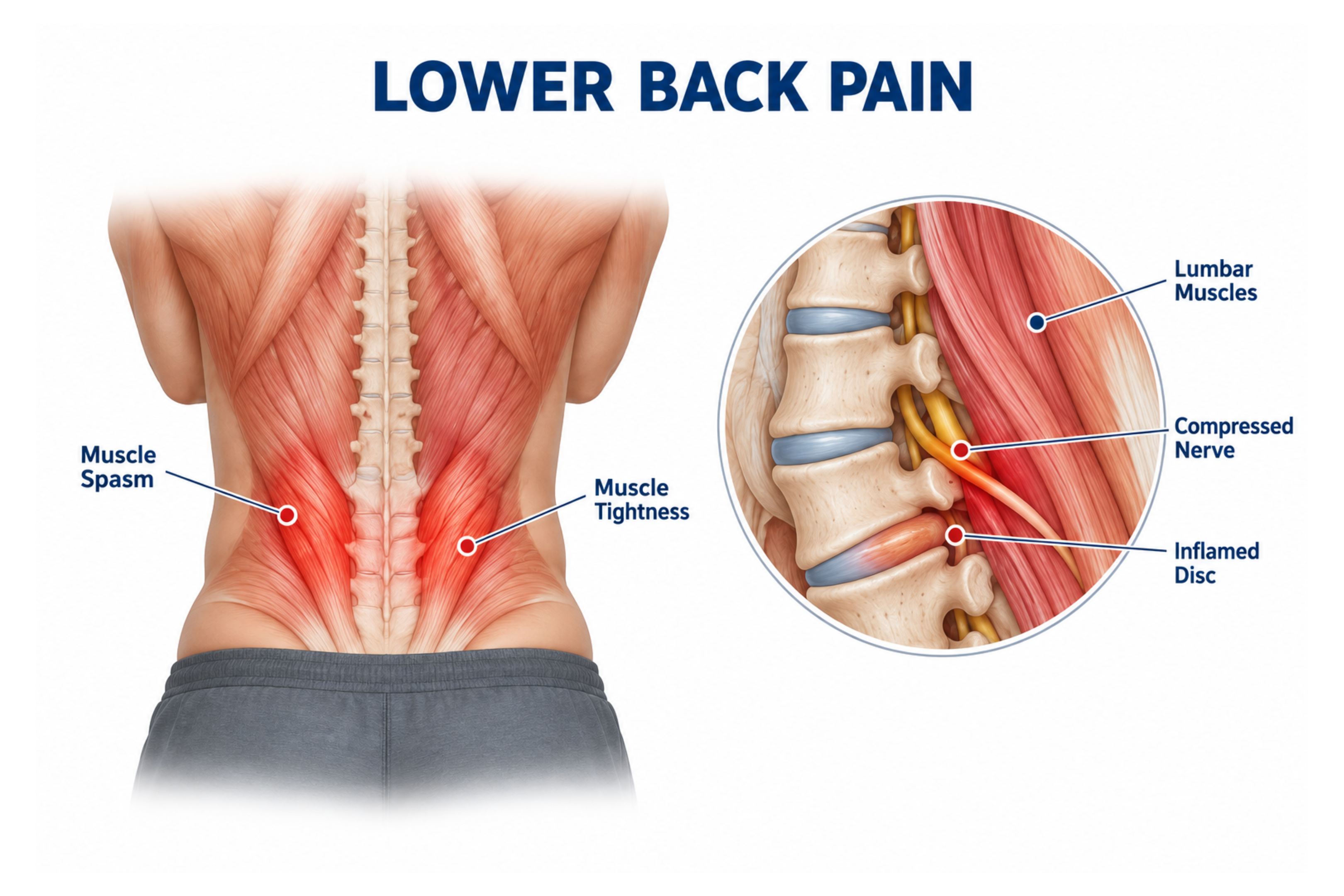 Lower back pain infographic showing muscle spasms, tightness, compressed nerve, inflamed disc, and lumbar muscles.