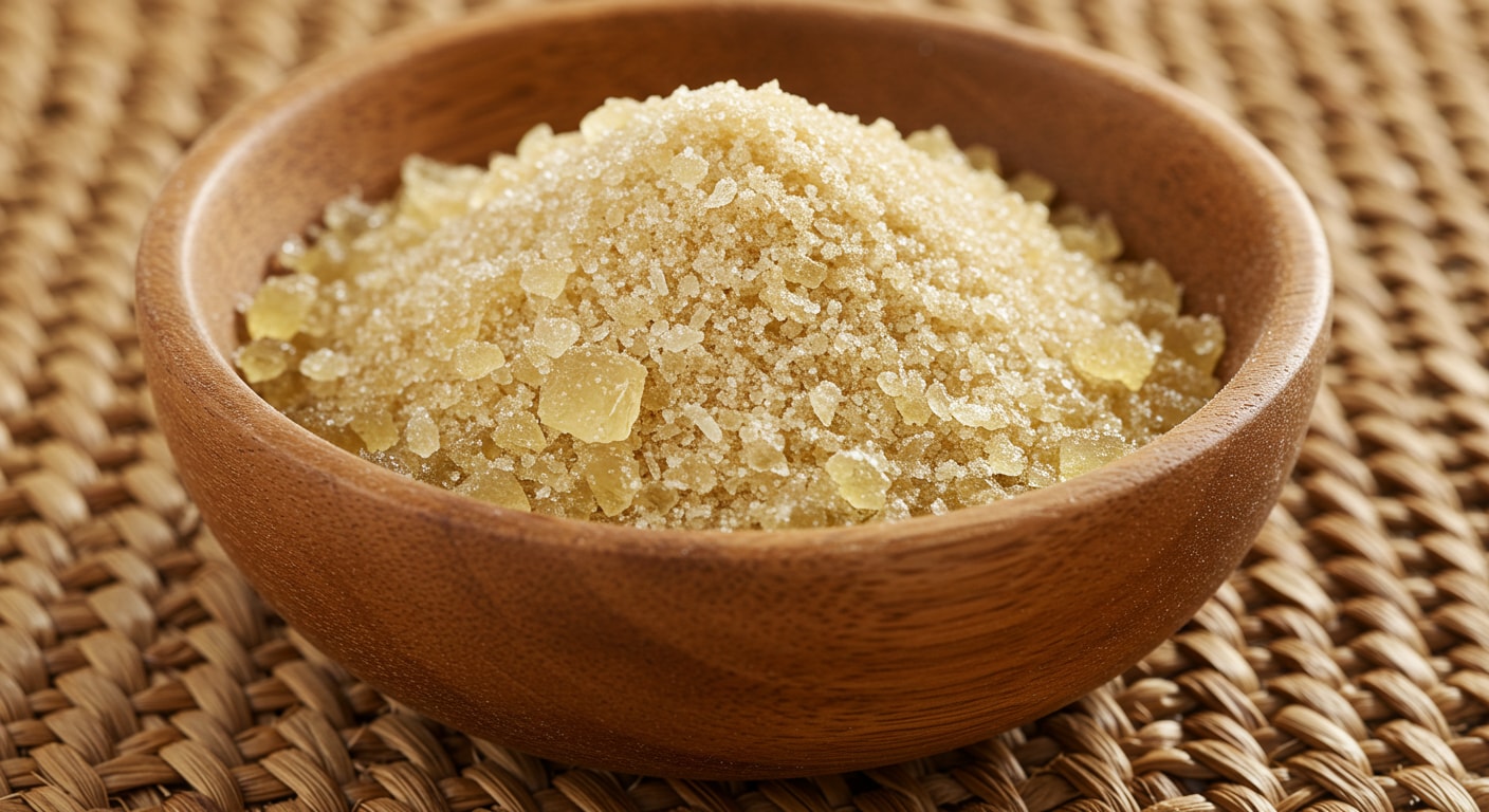 A closeup of natural gelatin powder in a wooden bowl