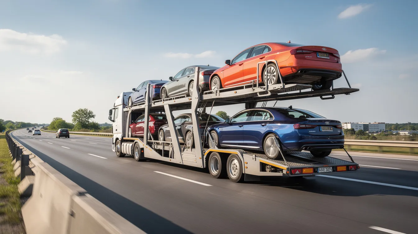 A car carrier truck is driving on a highway, transporting multiple vehicles securely stacked on its trailer. This scene highlights the vehicle transportation services essential for car shipping, especially in areas like Tacoma, WA, where reliable car shipping options are vital for transporting cars efficiently.
