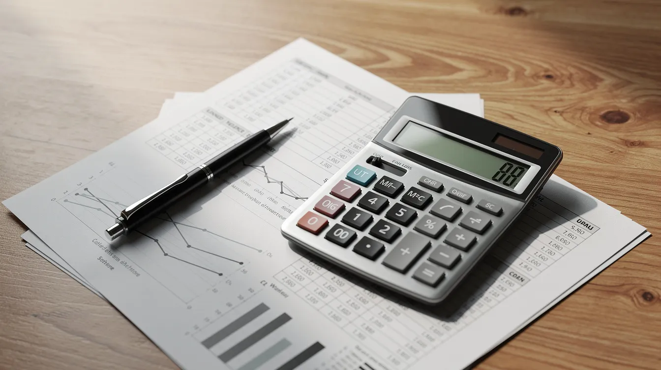 The image depicts a calculator, a pen, and various financial documents spread across a wooden desk, symbolizing the meticulous planning and analysis involved in securing hard money loans for real estate investments. This setup highlights the importance of understanding loan terms, interest rates, and financial statements when working with hard money lenders and navigating the real estate market.