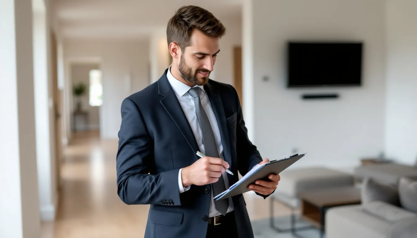 Um profissional está realizando uma vistoria técnica em um imóvel residencial, verificando o estado de conservação e coletando informações para a avaliação de inventário. Essa etapa é crucial para determinar o valor de mercado do imóvel para fins de partilha entre os herdeiros no processo de inventário.