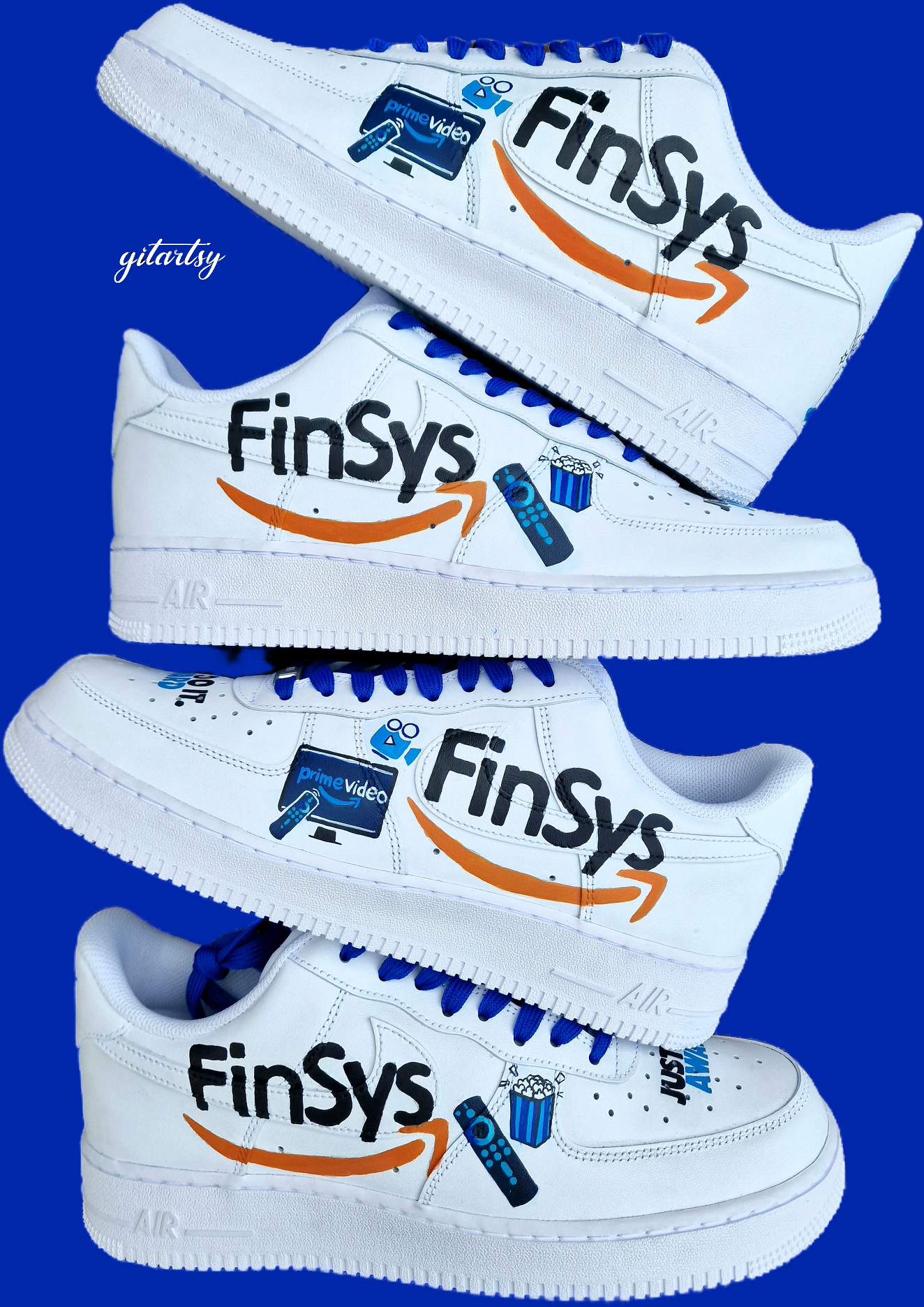 Custom Nike AF1s painted for company 'Finsys' inspired by Amazon Prime 