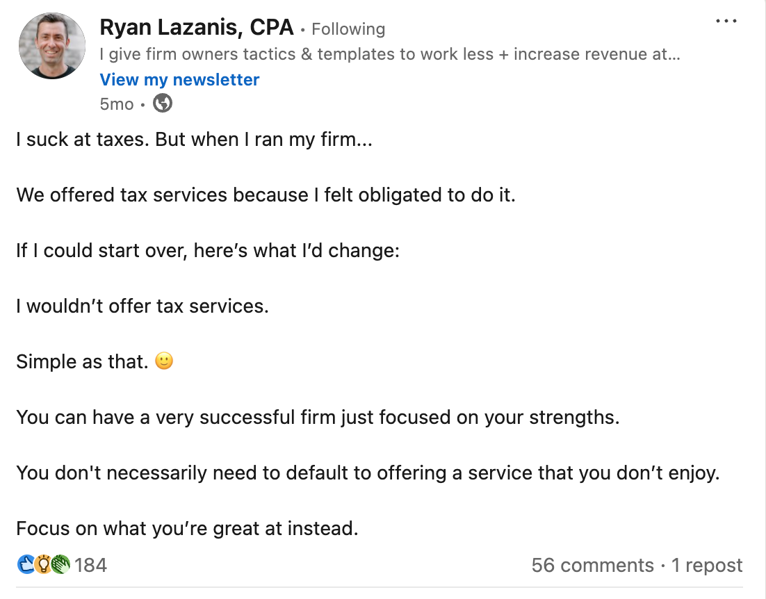 A post from LinkedIn by Ryan Lazanis that explains you don't have to offer something you're not good at.