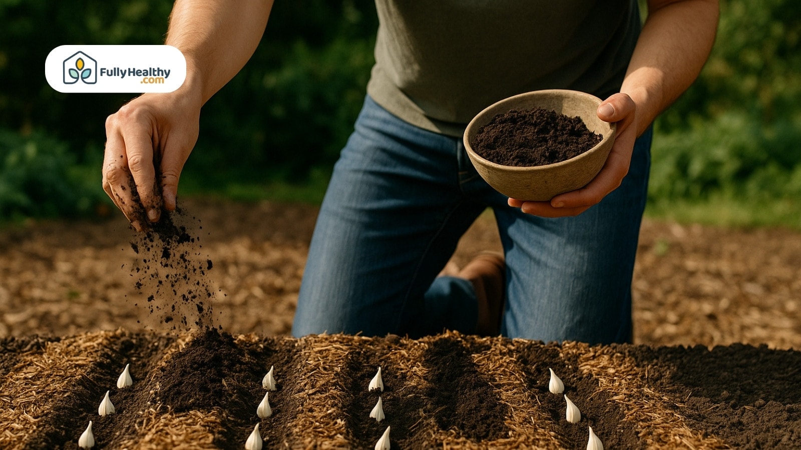 Person sprinkling soil over garlic rows during outdoor planting