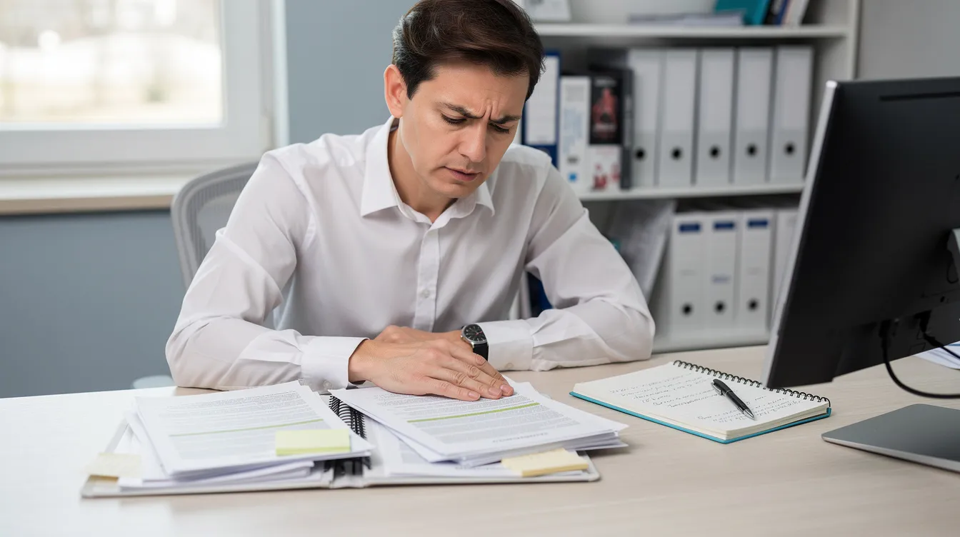 A person is seated at a desk, carefully reviewing legal documents and medical records related to a car accident lawsuit, with a notebook and pen at hand for note-taking. The scene reflects the meticulous preparation involved in the deposition process for a personal injury case.