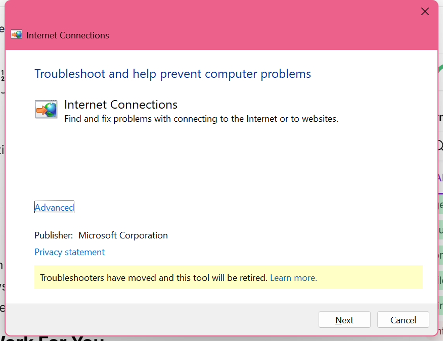 Network troubleshooter in Windows 11.