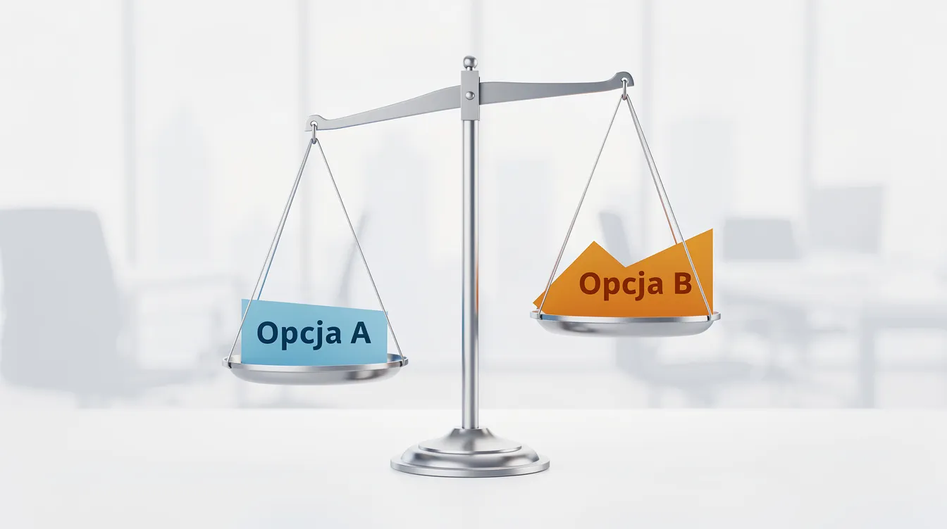 Na obrazie znajduje się waga, symbolizująca proces ważenia opcji decyzyjnych związanych z umowami kredytowymi, takimi jak ugody frankowe z bankiem PKO BP. Waga ilustruje dylematy, przed którymi stają kredytobiorcy, rozważając różne możliwości, takie jak przewalutowanie kredytu czy unieważnienie umowy.