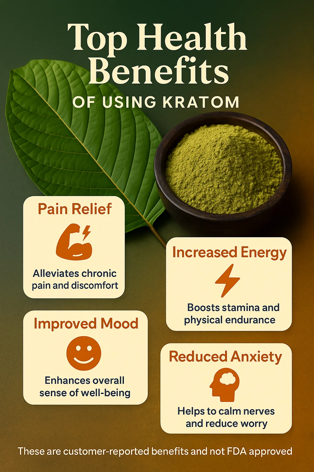 What are the Health Benefits of Using Kratom? 1 "Infographic listing top health benefits of kratom: pain relief for chronic discomfort, increased energy for stamina, improved mood for well-being, and reduced anxiety for calmness."