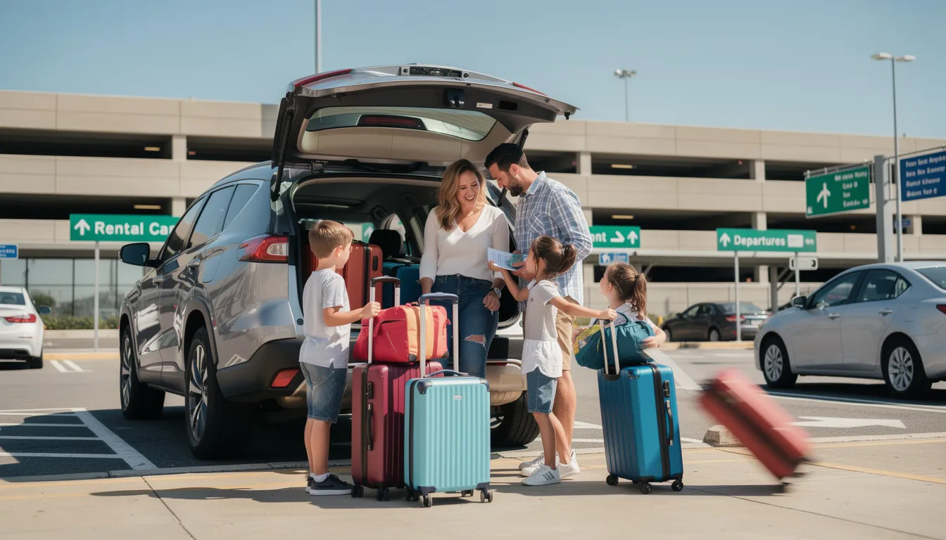 Une famille heureuse charge des bagages dans une voiture de location sur le parking d'un aéroport, prête pour leur voyage. Ils semblent joyeux et enthousiastes, témoignant d'une expérience de location agréable.