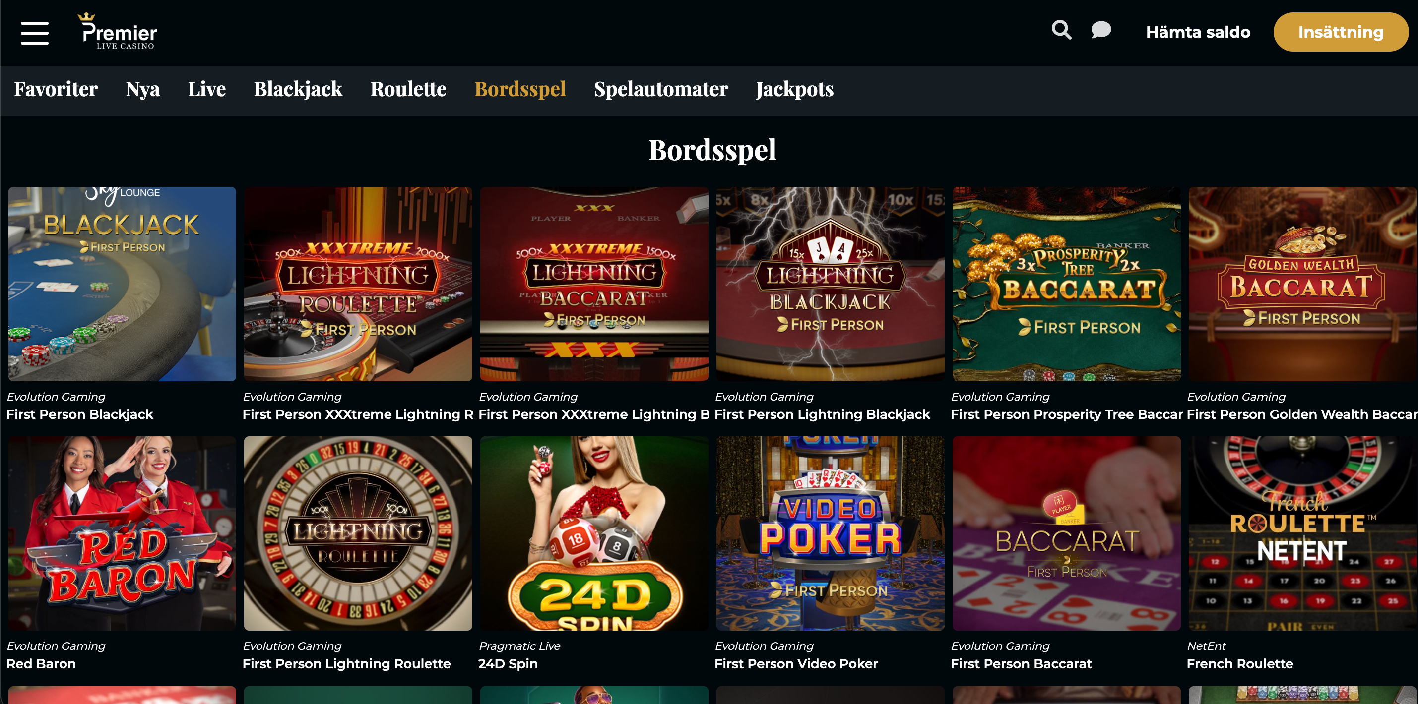 Premier Live Casino bordsspel